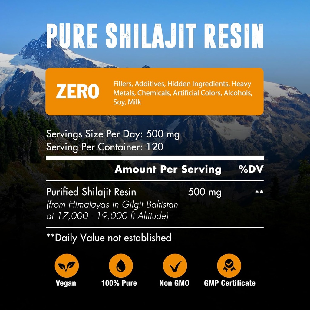 60 000 MG Shilajit Résine biologique pure - 65% Acid Fulvique et 85+ Trace Minerals, 120 portions - Reveiller l'énergie Booster et soutenir Immune, améliorer la santé globale et booster le cerveau - sans sucre