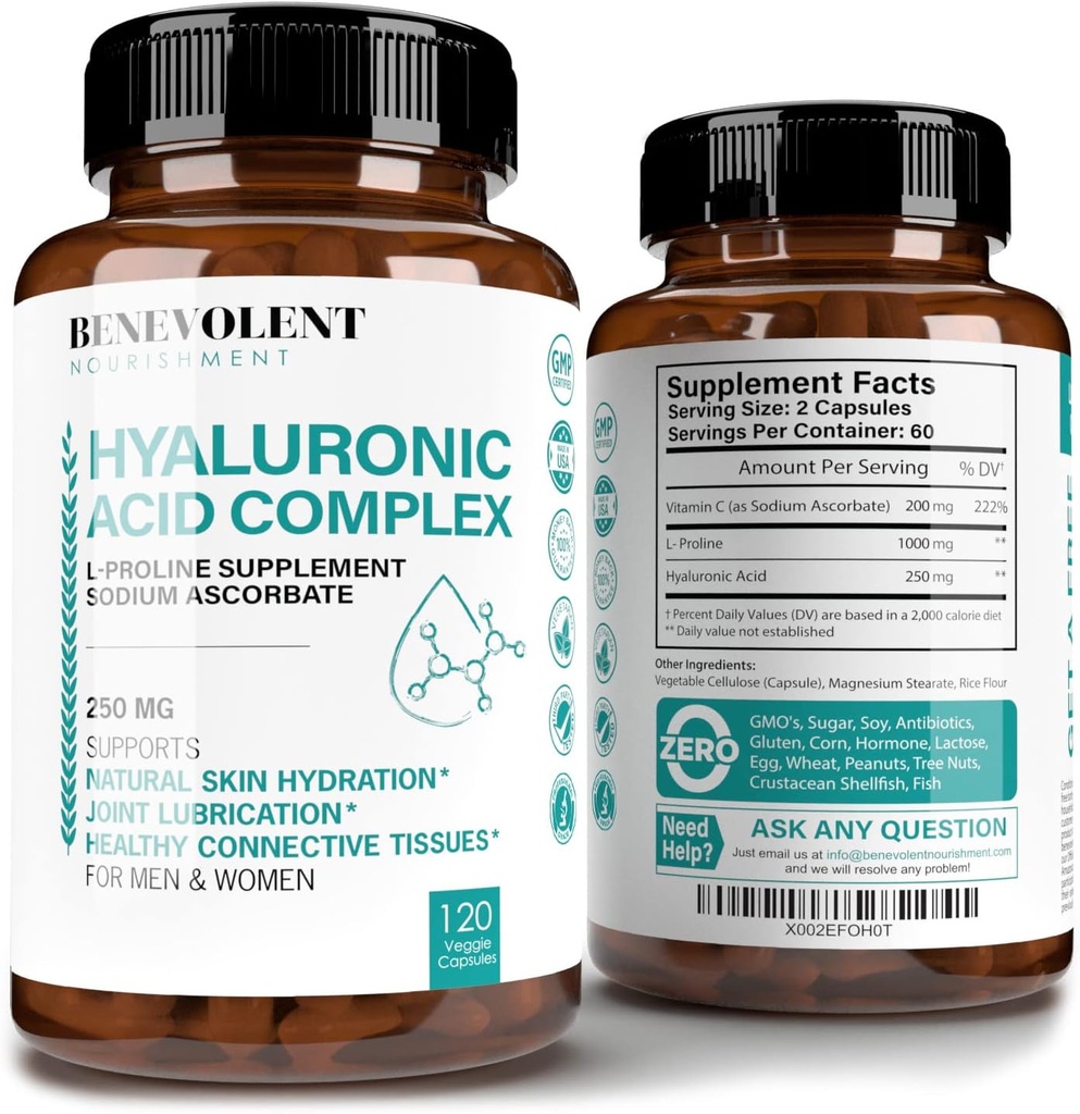 Suppléments d'acide hyaluronique 250mg avec 200mg Vitamine C, 1000mg L-Proline et anti-âge, Capsules d'acide hyaluronique pour la peau, les articulations et la santé des tissus conjonctifs - 120 Capsules