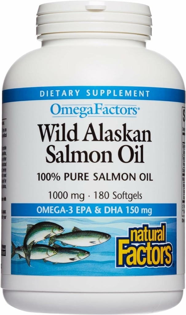 Natural Factors Wild Alaskan Salmon Oil Provides Omega-3, EPA, DHA & Vitamin D, Supports Brain & Heart Health, 180 Softgels