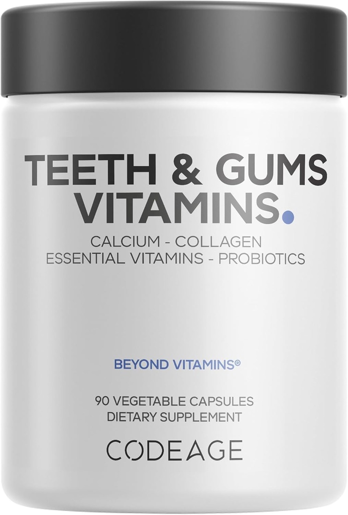 Codeage Teeth & Gums Vitamins + Oral Probiotics Supplement for Mouth - Whole Food Calcium, Collagen, Potassium, Vitamin C, D3, K2, Zinc – Oral Care & Dental Multivitamin Supplements - 90 Capsules