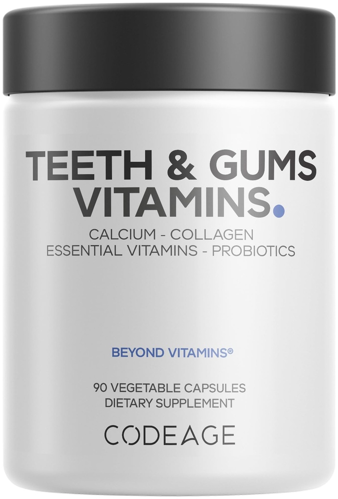 Dents et gencives de code Vitamines + Probiotiques oraux Supplément pour bouche - Calcium, Collagène, Potassium, Vitamine C, D3, K2, Zinc – Soins buccodentaires et suppléments multivitamines dentaires - 90 Capsules