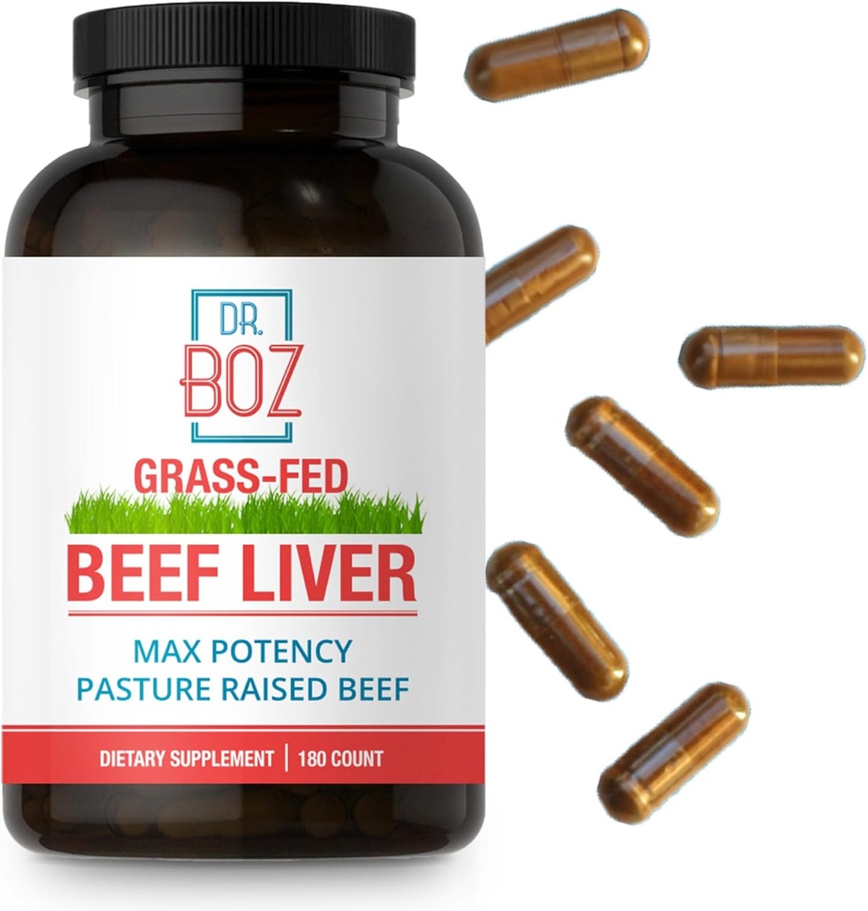 Dr Boz - Capsules de foie de boeuf, 30 portions - 4500mg Foie de vache - Énergie, immunité, et santé - Vitamine A, B12, zinc, et supplément de fer - Foie d'herbe et pâturages vaches élevées - Fabriqué aux États-Unis - Self Care