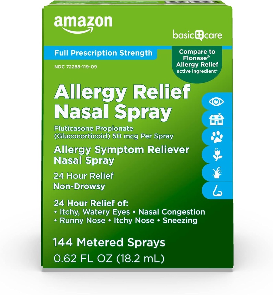 Soins de base Spray anti-allergie 24 heures sur 24, Propionate de fluticasone (Glucocorticoïde), 50 mcg, pleine dose, non somnolence, 0,62 fl oz (paquet de 1)