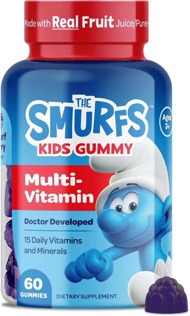 Schtroumpfs Enfants Gommies multivitamines (Multivitamines) Gommies multivitamines pour enfants avec 15 vitamines et minéraux (Multivitamines et Minéraux) Fabriqués avec des fruits réels (Multivitamines et Minéraux) Docteur Développé (Médecin) Non-OGM et pas d'arôme ou de couleurs artificiels (Multivitamines et Minéraux) 60 Gommies