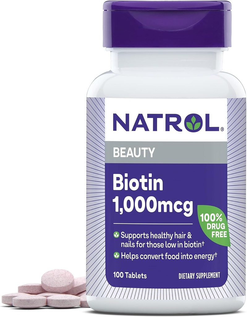 Natrol Beauty Biotin 1000mcg, complément alimentaire pour cheveux, peau, ongles et métabolisme énergétique sains, 100 comprimés, 100 jours d'approvisionnement (paquet de 12)