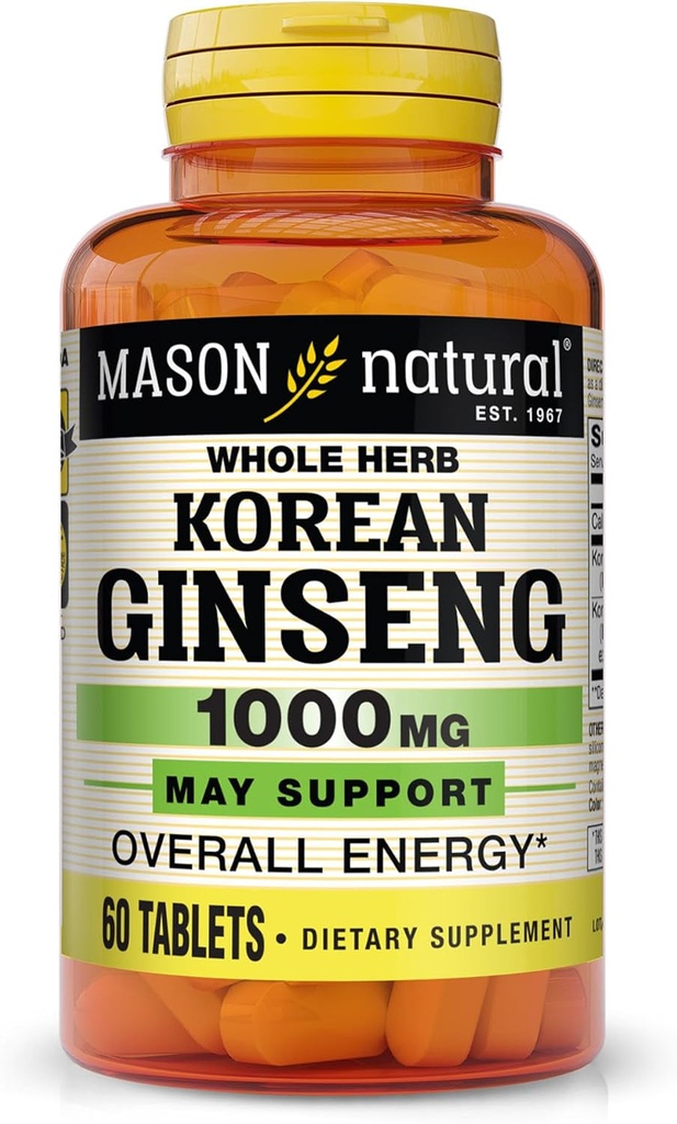 MASON NATURAL coréen Ginseng 1000 mg, soutient l'énergie, l'endurance et la vitalité, 60 comprimés