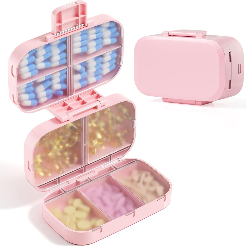 MEACOLIA Triple-Folding Pill Organizer, 9 compartiments Cas de pilule de voyage avec grande capacité, boîte à pilules quotidienne Petit contenant de pilule pour la vitamine, huile de foie de morue, suppléments (puits)