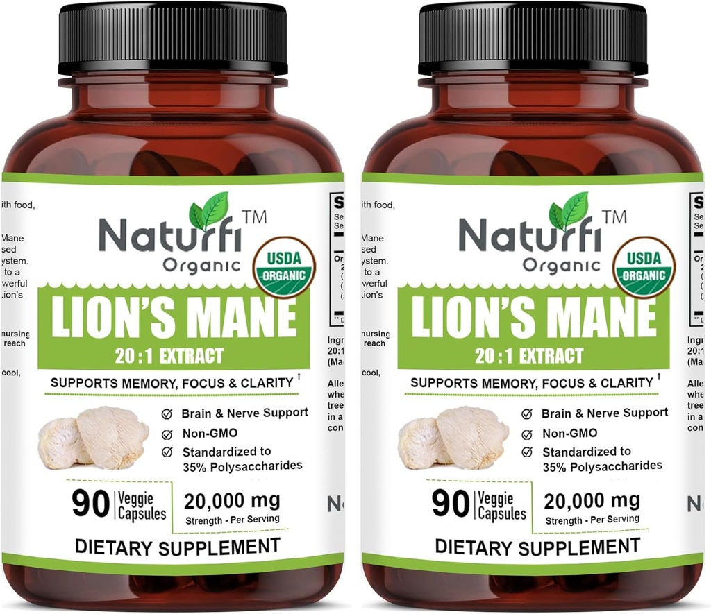 Lamane de lion biologique de l'USDA 20:1 Extrait, 20 000 mg de résistance, 35 % de polysaccharides, 180 capsules véganes, 90 jours d'approvisionnement, extrait 20X normalisé et concentré, tout naturel et non-OGM