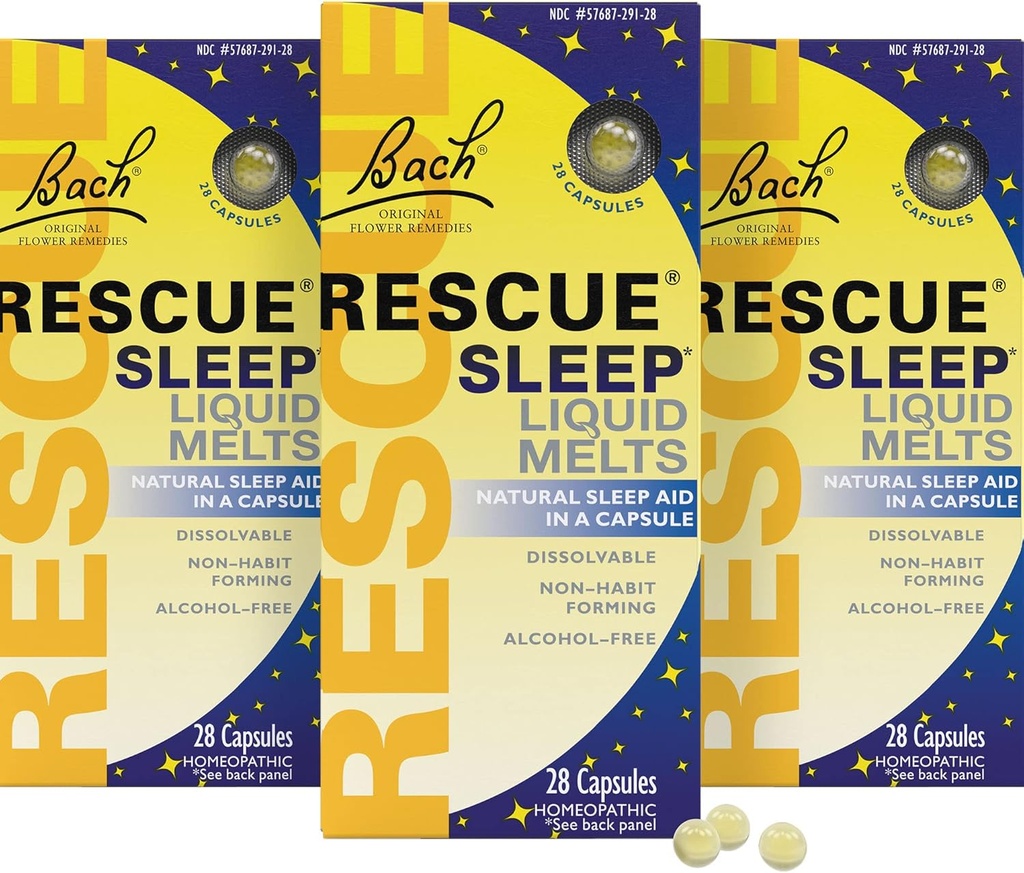 RESCUE Bach Sleep Melts liquides, naturel orange vanille aromatisant, aide naturelle au sommeil, soulagement du stress, essence de fleurs homéopathiques, exempt de mélatonine, non-alcohol, 3 pack, 28 Comptez chaque