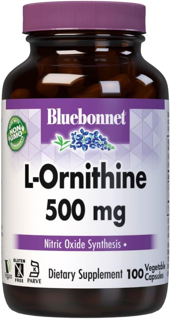 Bluebonnet Nutrition L-Ornithine 500mg, acide amino de forme libre, pour le métabolisme sain des protéines*, sans soja, sans gluten, non-OGM, certifié Kosher, végétalien, 100 capsules végétales, 100 portions