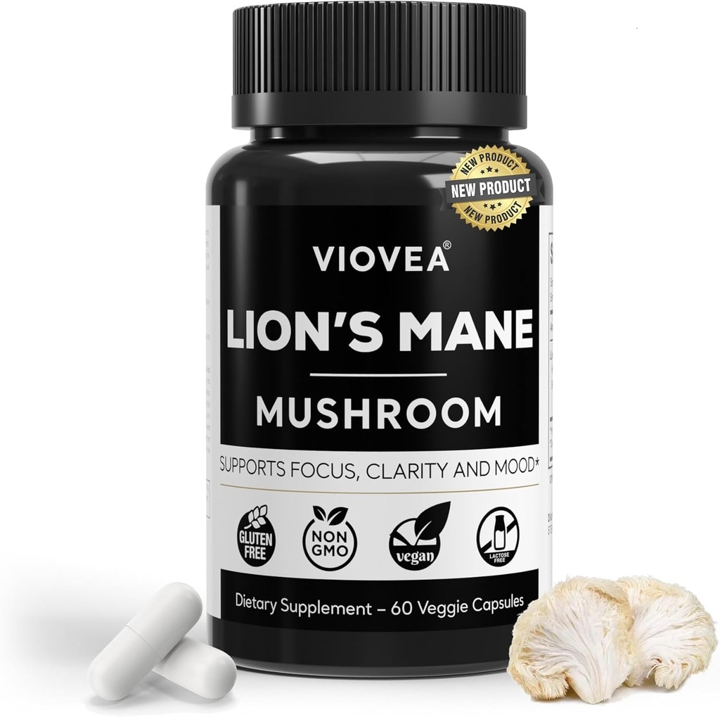 Lion's Mane Supplément Capsules - 60 Capsules (30 jours d'approvisionnement), soutient Focus, Clarté, Mémoire et Cognition globale. Supplément nootropique organique pour la fonction cognitive et le soutien immunitaire