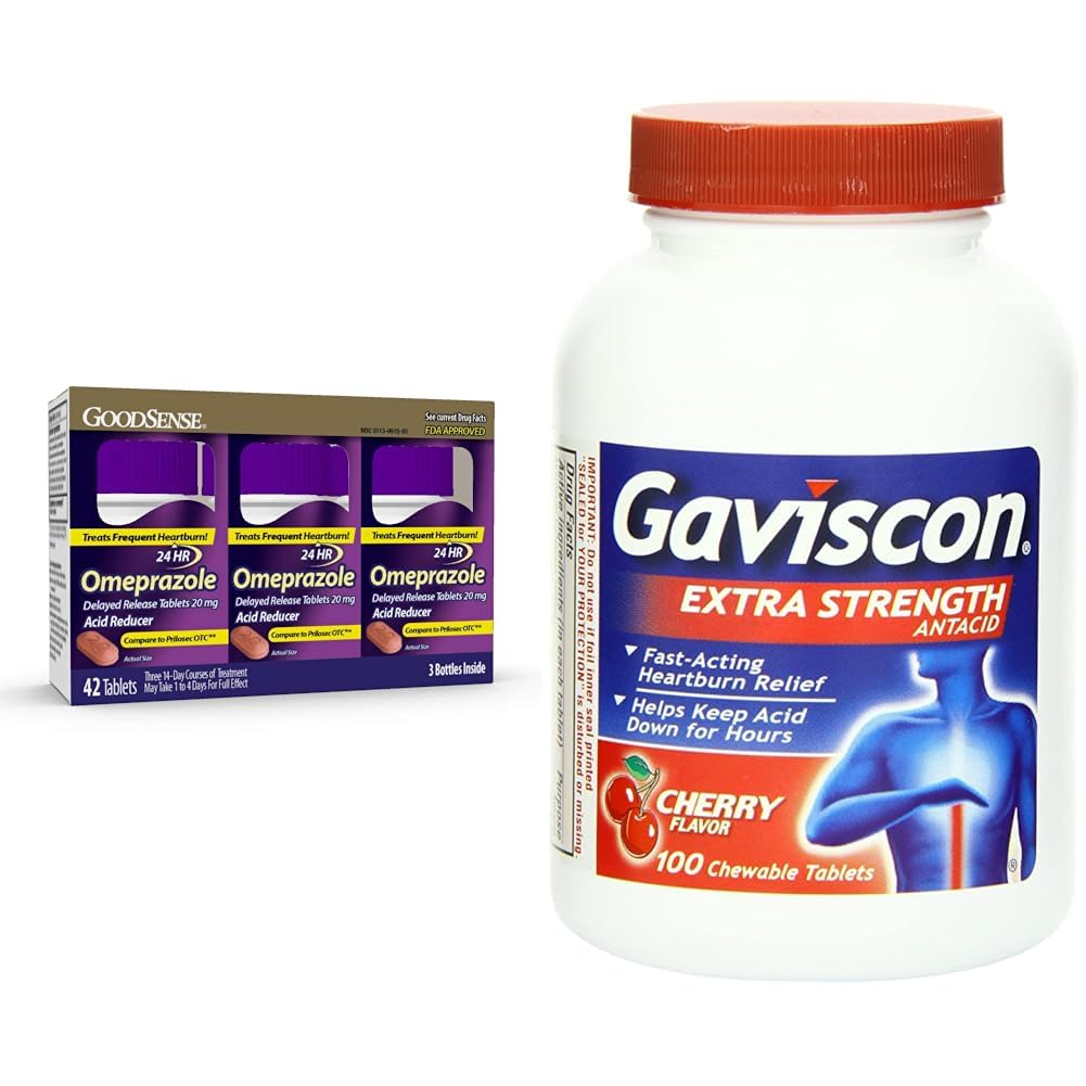 Comprimés d'oméprazole de bonne qualité 20 mg 14 Comprimés (3 paquets) et Gaviscon Comprimés à croquer de cerise d'une force supplémentaire