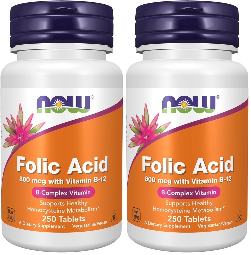 Suppléments, acide folique 800 mcg + B-12 (Cyanocobalamine) 25 mcg, vitamine complexe B, 250 comprimés (paquet de 2)