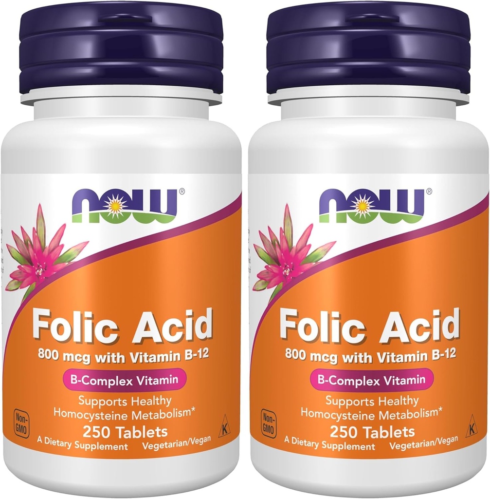 Suppléments, acide folique 800 mcg + B-12 (Cyanocobalamine) 25 mcg, vitamine complexe B, 250 comprimés (paquet de 2)