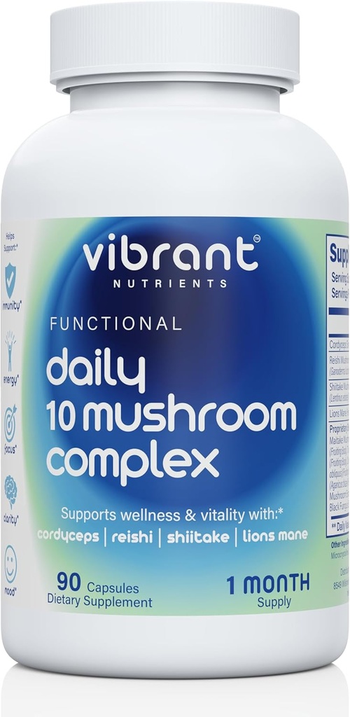Daily 10 Complexe de champignons – Lions Mane, Reishi & Cordyceps – Immune Booster - Nootropic Cerveau Supplément - Natural Energy & Stress Relief – Sans gluten et non-OGM - 90 Capsules Veggie