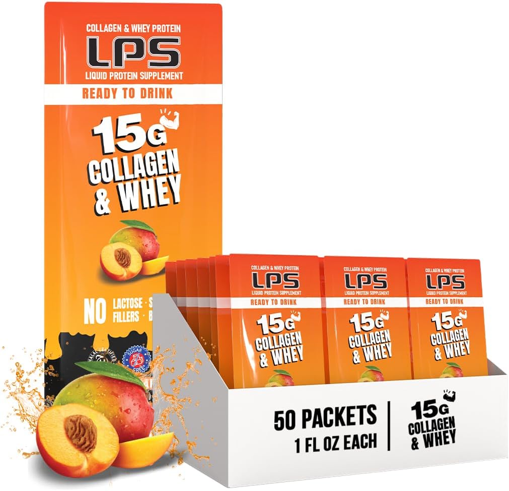 Conceptions nutritionnelles LPS Collagène liquide et supplément de protéines de lactosérum - boisson non-OGM, sans sucre - favorise la santé de la peau et des cheveux pour les hommes et les femmes, la mangue de pêche, une seule portion (50 paquets)
