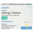 MAJOR Comprimés allergiques 4 heures - Maléate de chlorphéniramine 4mg - Antihistamine - 24 Nombre (1 paquet)