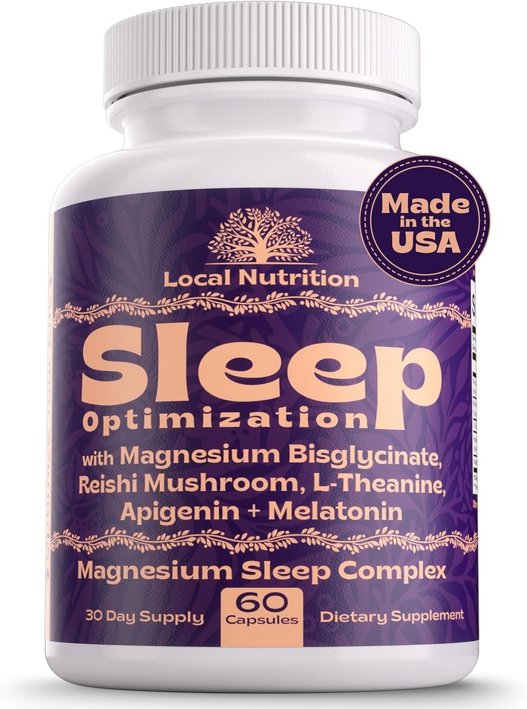 Aide naturelle au sommeil avec Magnésium Glycinate 500mg Reishi Champignon 350mg L-Theanine 300mg Apigenin 50mg Melatonin 3mg - Supplément de sommeil Magnésium pour le sommeil profond, soutien du sommeil - 60 Capsules Fabriqué aux États-Unis