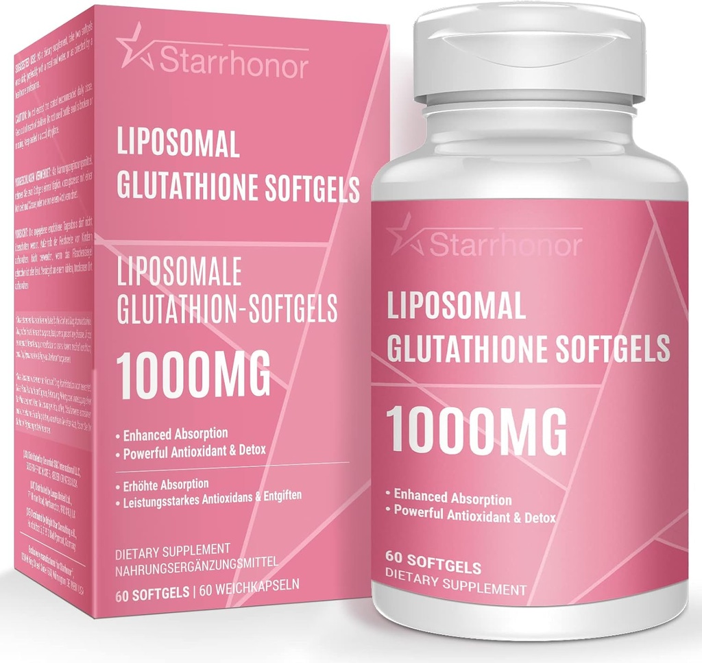 Glutathion liposomique Softgels 1500MG, Supplément réduit de glutathion avec vitamine C, Meilleure absorption, Antioxydant puissant non-OGM pour le vieillissement en santé, Detox, Santé immunitaire, 60 Softgels