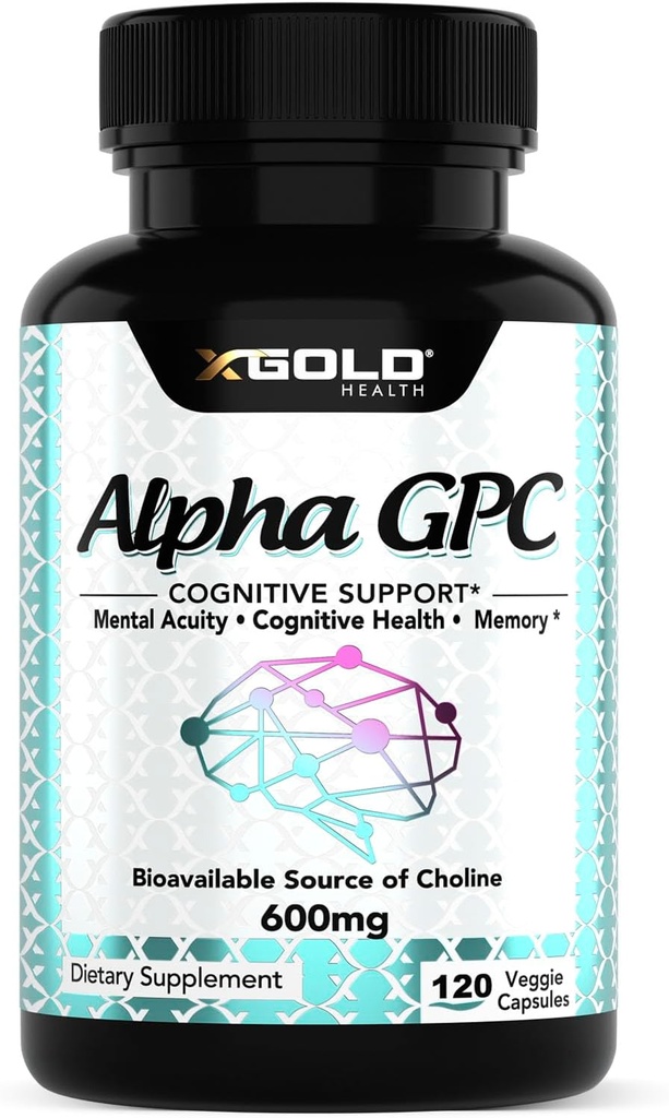Alpha GPC Choline 600mg, Supplément Nootrope pur à 99 %, 120 Capsules de Veggie, Enhancer cognitif pour la mémoire, la santé cérébrale et Focus