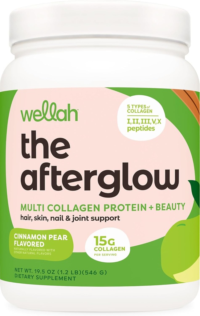 Wellah The Afterglow Multi Collagen Protein + Beauty (30 portions, poire à la cannelle) - Soutien cheveux, peau, ongles et articulations - Non-OGM et sans gluten