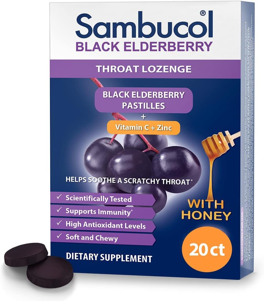 Sambucol Black Elderberry Throat Lozenge - Sambucus Elderberry Lozenges avec vitamine C, zinc et miel, aide à apaiser une gorge scratchy, des antioxydants élevés, sans gluten - 20 comte