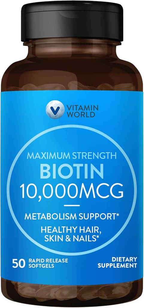 Vitamine World Ultra Mega Biotin 10 000 mcg. 50 Softgels, Vitamine B, soutient cheveux, peau et ongles sains, libération rapide, sans gluten