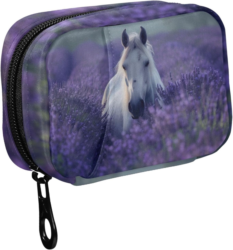 Fustylead Beau cheval blanc dans le champ de fleurs de lavande Pill cas organisateur avec zipper 2 fois une journée pour la vitamine et le supplément, 7 jours organisateur de voyage cas de médecine