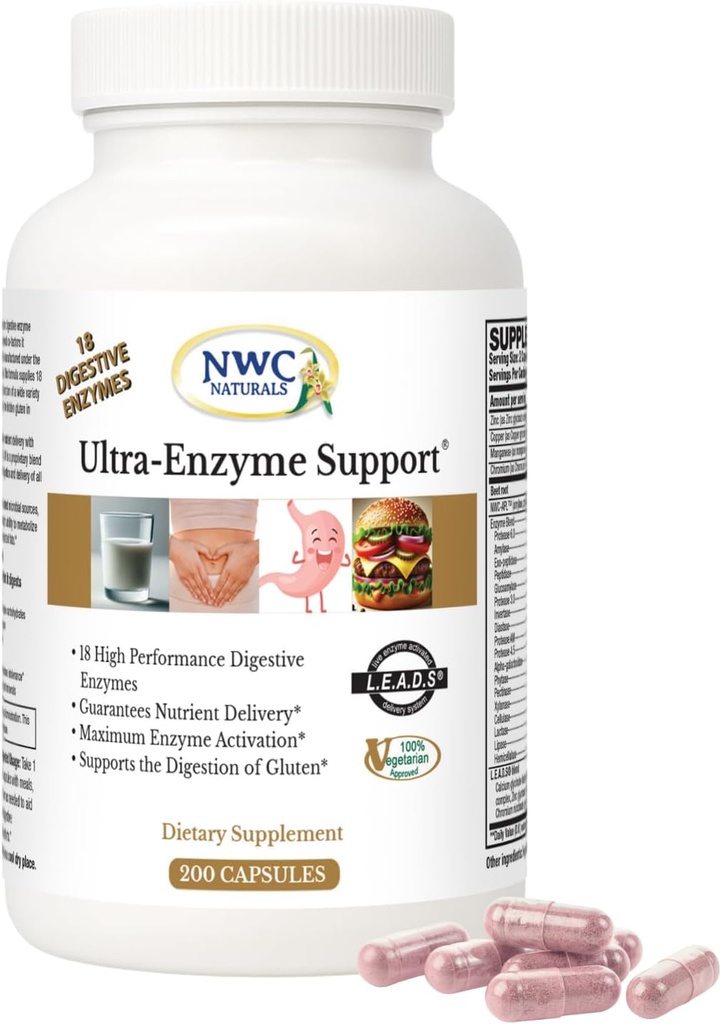 NWC Naturals Ultra-Support enzymatique, supplément digestif naturel, favorise la santé optimale et la digestion, 200 capsules de compte