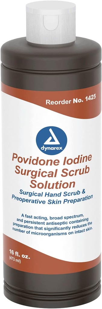 Dynarex Solution Povidone-Iodine Scrub, Solution Antiseptique pour la peau et la muqueuse, Idéal pour la préparation chirurgicale du site, Contient Povidone Iodine 7,5%, 16 fl. oz., 1 bouteille