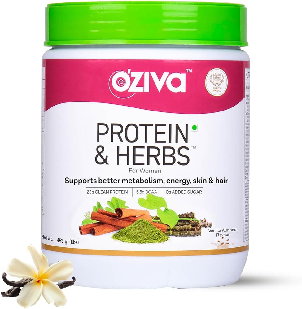 OZIVA Protéines et herbes pour les femmes 1,1 Lb (500 gm) avec multivitamines, Curcumine, Shatavari, Tulsi pour le métabolisme amélioré, l'équilibre hormonal et la peau, la santé des cheveux, l'amande de vanille (1,1 lb)