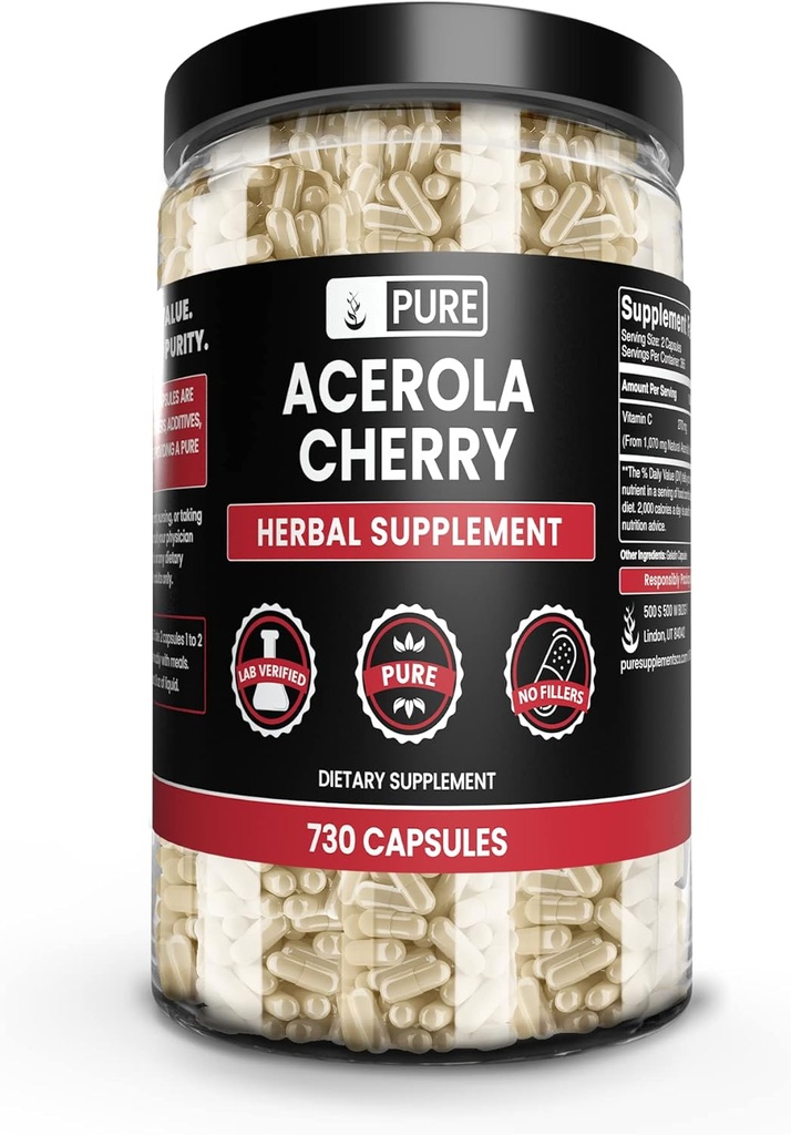 Ingrédients originaux purs Cerise Acerola (730 Capsules) Pas de Magnésium ou de Rice Fillers, Toujours Pure, Verified Lab