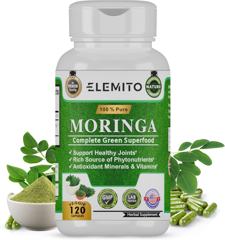 Moringa Capsules, Pure Leaf Powder, Green Superfood, Énergie, Métabolisme, & Immune Support, Non-OGM, Vegan, Sans gluten - 120 Capsules