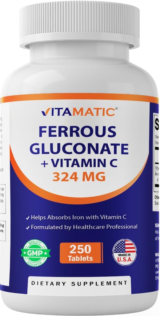 Vitamatic Ferrous Gluconate 324 mg + Vitamin C 100 mg - No Artificial Color Additives - Gentle on Stomach - 250 Coated Tablets - Made in USA