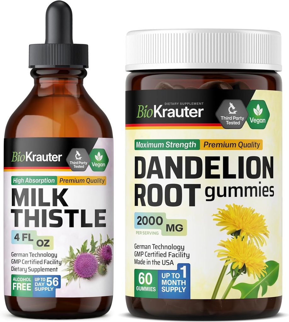 BIO KRAUTER Thistle de lait Teinture 4 Fl. Oz. & Dandelion 60 Gummies