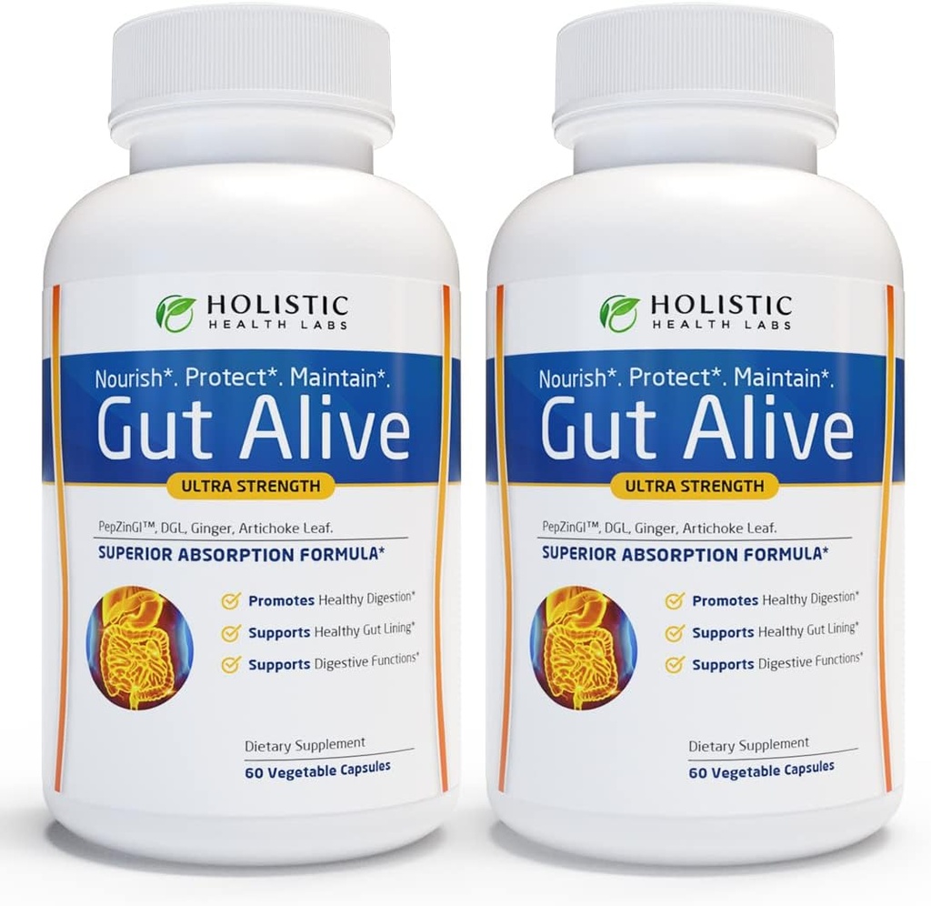 Gut Alive - All Natural Support to Fight IBS, Heartburn, Acid Indigestion, Acid Reflux, Bloating & Gas. Formulation unique (60 Nombre (paquet de 2))