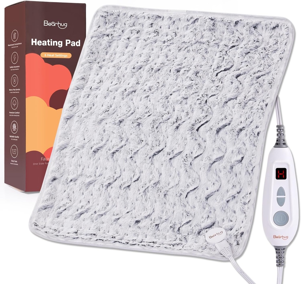 Pad de chauffage électrique Bearhug XL 20'x24'' Double-Sided Faux Fur Chaudé Pad, 6 Niveaux de chaleur, 2H Auto-Off, Hydratation & Thérapie à sec pour soulager la douleur au dos, Lavable en machine, certifié ETL, boîte cadeau