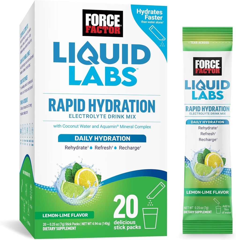 FACTEUR DE FORCE Laboratoires liquides Electrolytes Packs en poudre—Lime de citron—Paquets d'Hydration pour faire de l'eau d'électrolyte avec 5 électrolytes essentiels, vitamines, minéraux et antioxydants, boîtes de 20 bâtons