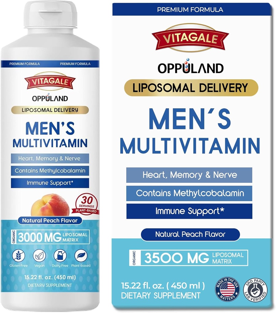 Men's Multivitamin - Liquid Supplement - Liposomal Delivery - Daily Multi Vitamin with Biotin B Complex Omega-3 - Hair & Nail Support Vitamin - Peach Flavor - 3000 mg per Serving - 450 mL