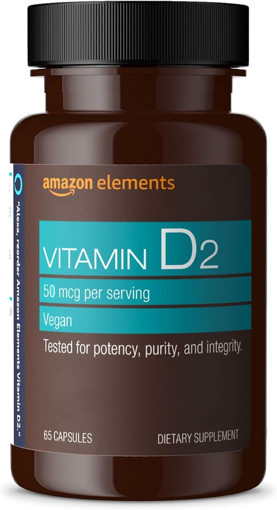 Éléments Vitamine D2 2000 UI, végétalien, 65 capsules, soutient les os forts et la santé immunitaire, 2 mois d'approvisionnement (emballage peut varier)