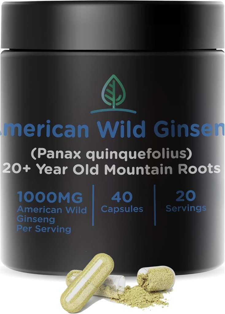 Bobine Holistic Wild Ginseng Capsules Pure Organic Ginseng Supplément fait avec des racines sauvages récoltées 20 ans et plus d'Appalachia (Panax Quinquefolius)