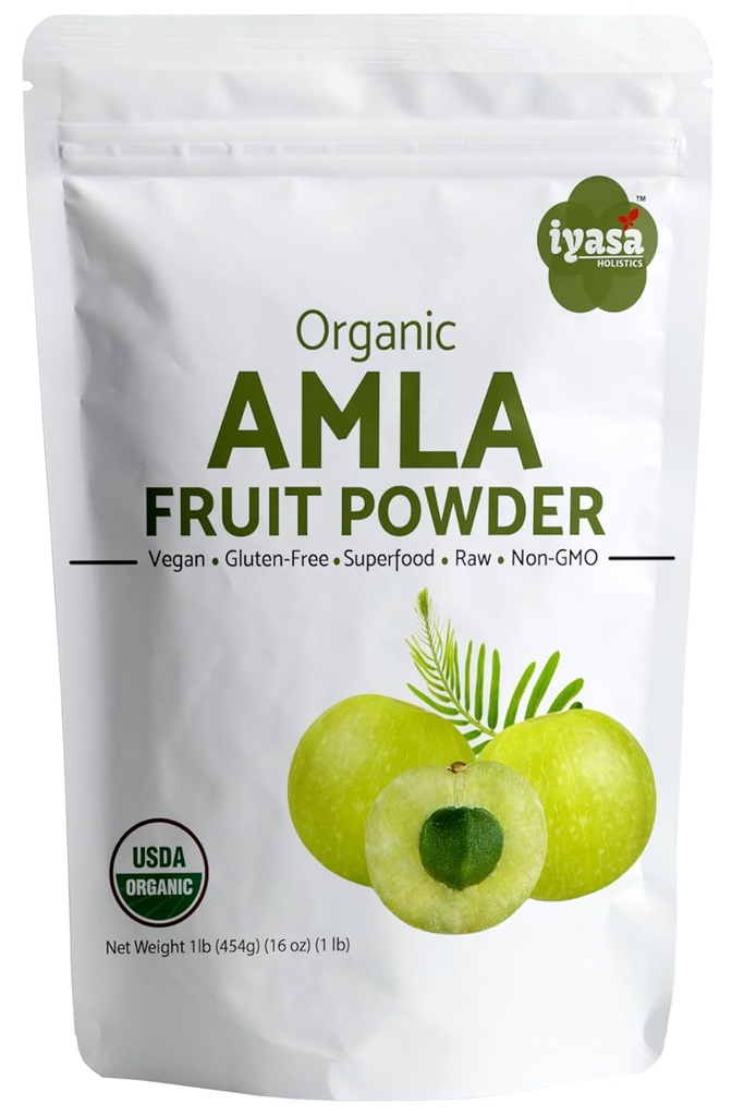 Iyasa Holistics Poudre biologique de fruits Amla, Poudre de baies Amalaki, 16 once/452 gm, Superaliment cru pour la peau et les cheveux, Pochette refermable