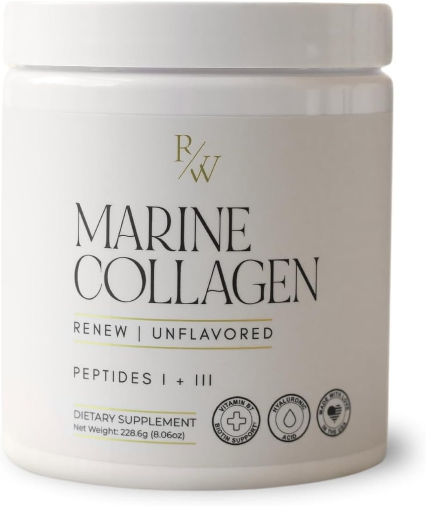 Renouveler la poudre de collagène marin + Biotine et acide hyaluronique pour de meilleurs cheveux, peau et ongles, sans aromatisation - 20 scoops, 8oz