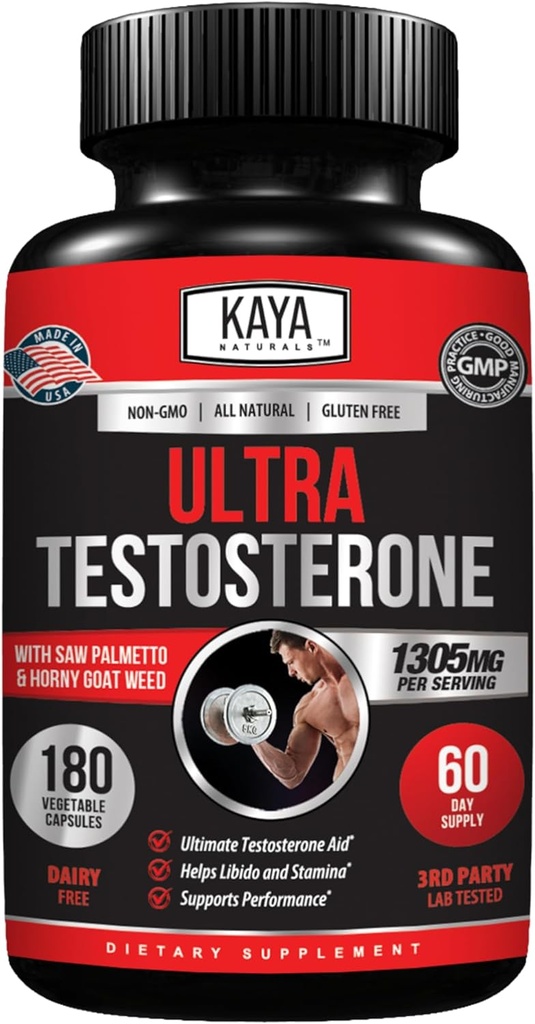 Kaya Naturals UltraTest - Booster T homme avec Tongkat Ali, herbe de chèvre en chaleur, Tribulus - Supplément d'entraînement naturel pour l'énergie, l'endurance et la force Booster - 180 Comte