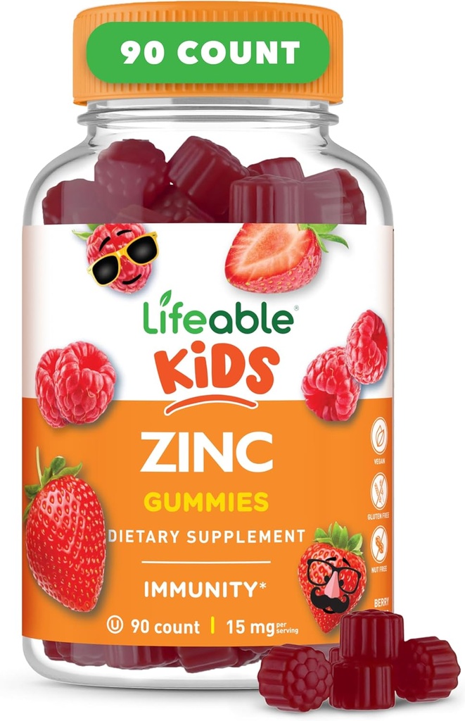 Gommies de zinc vivaces pour les enfants de 15mg de Grande Dégustation Enfants Suppléments de zinc GMO Vitamines de zinc végétariennes gratuites pour une peau saine et un soutien immunitaire pour les enfants et les enfants de 90 Gommies