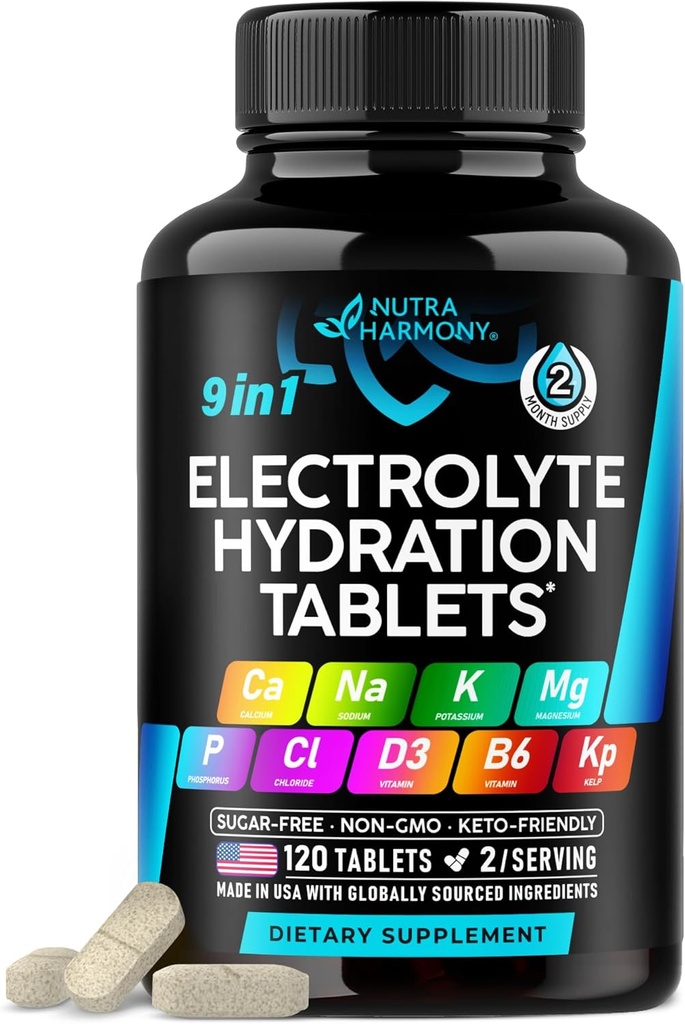 Electrolytes - Comprimés électrolytiques au magnésium, au sodium, au potassium, au chlorure, aux vitamines D3 et B6, en poudre de Kelp - Pilules de sel - Fabriqués aux États-Unis - Comprimés oraux en capsules - Vegan & Keto Friendly - 120 Tabs