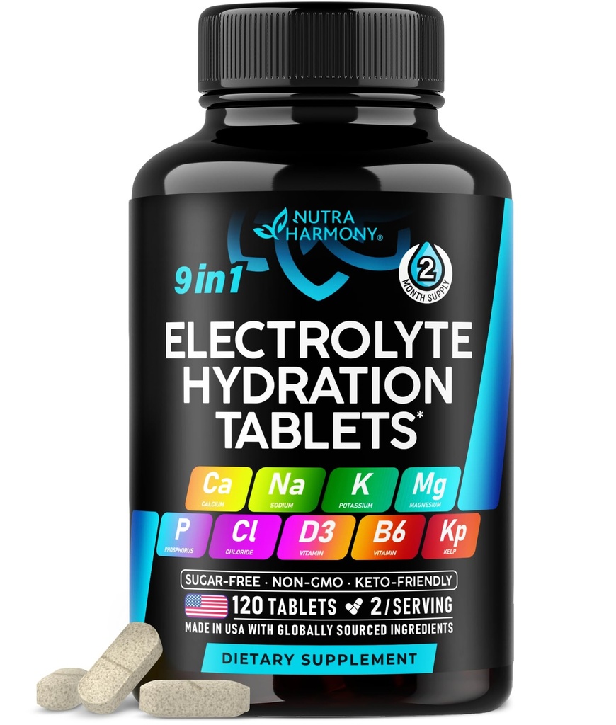Electrolytes - Comprimés électrolytiques au magnésium, au sodium, au potassium, au chlorure, aux vitamines D3 et B6, en poudre de Kelp - Pilules de sel - Fabriqués aux États-Unis - Comprimés oraux en capsules - Vegan & Keto Friendly - 120 Tabs