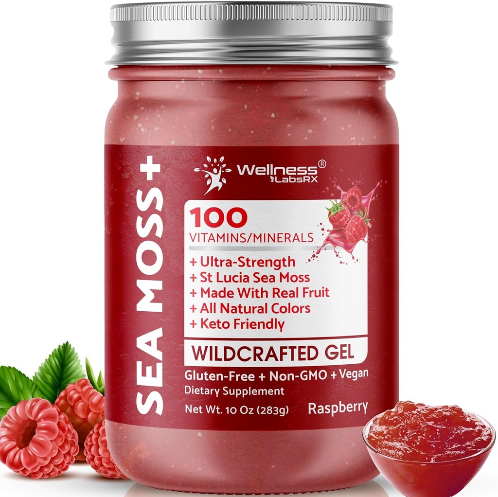 WELLNESS LABSRX Irish Sea Moss Gel Raw - Wildcrafted Superfood Seamoss Gel - Raspberry Flavor, Vitamine et Mineral-Rich de Pristine Caribbean Waters, Immune and Digestive Health Support - 10 oz.