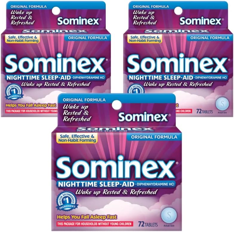 Sominex Sleep-Aid de nuit, formule de concentration maximale, dose unique, 72 comprimés - boîte de 3
