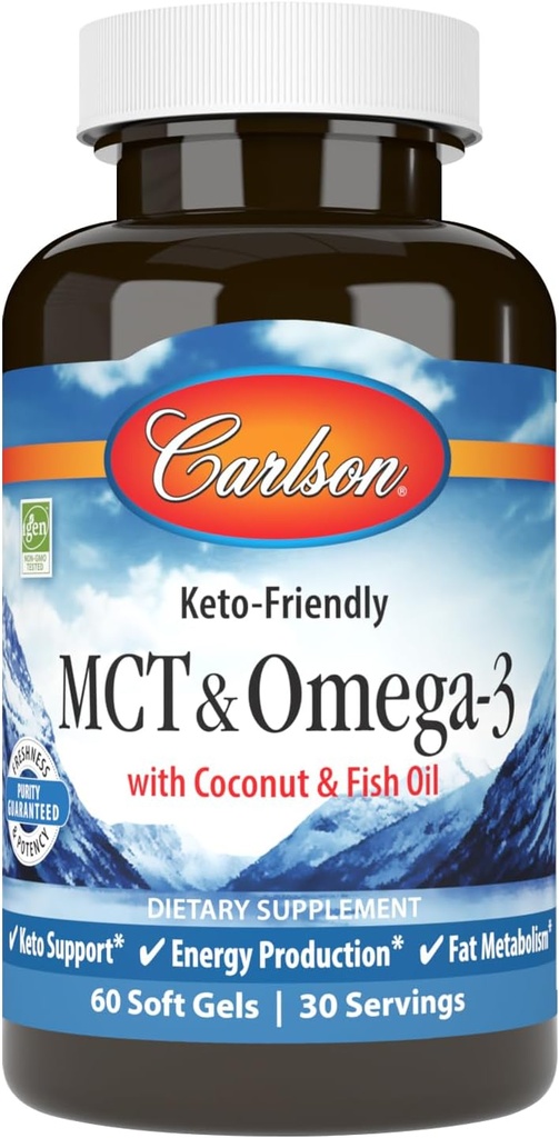 Carlson - MCT & Omega-3, Huile de coco, Acides Capryliques & Capric, EPA & DHA, Production d'énergie, Fat Metabolism & Cerveau Health, 60 Softgels